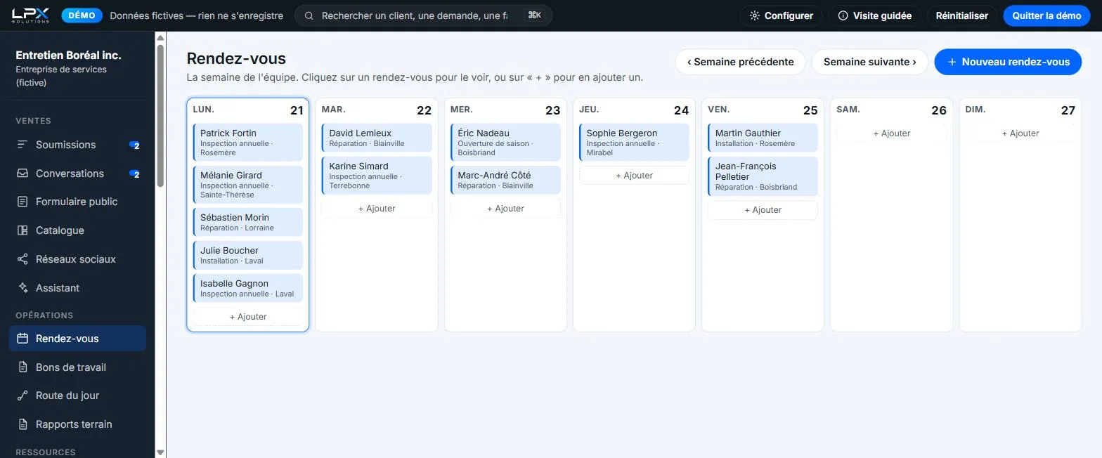 Calendrier hebdomadaire des rendez-vous d'équipe dans la plateforme de gestion LPX.